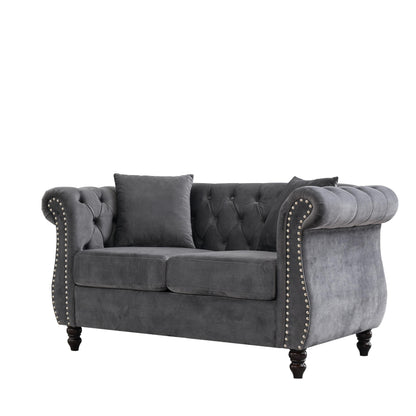 58.8 Velvet Chesterfield 2-Seater Sofa with Rolled Arms, Nailhead Trim, and 2 Pillows