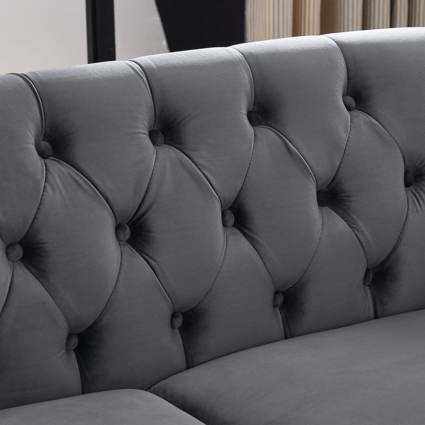 58.8 Velvet Chesterfield 2-Seater Sofa with Rolled Arms, Nailhead Trim, and 2 Pillows