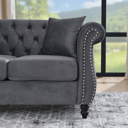 58.8 Velvet Chesterfield 2-Seater Sofa with Rolled Arms, Nailhead Trim, and 2 Pillows