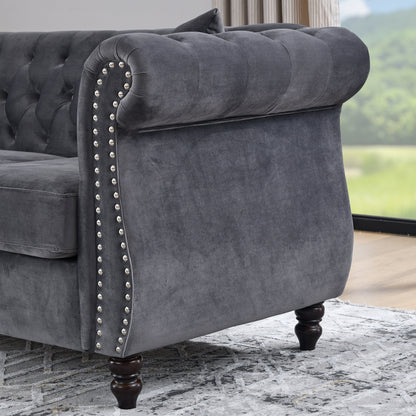 58.8 Velvet Chesterfield 2-Seater Sofa with Rolled Arms, Nailhead Trim, and 2 Pillows