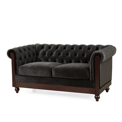 59.44 Velvet Chesterfield Loveseat Sofa with Rolled Arms, Tufted Backrest and 600LB Capacity