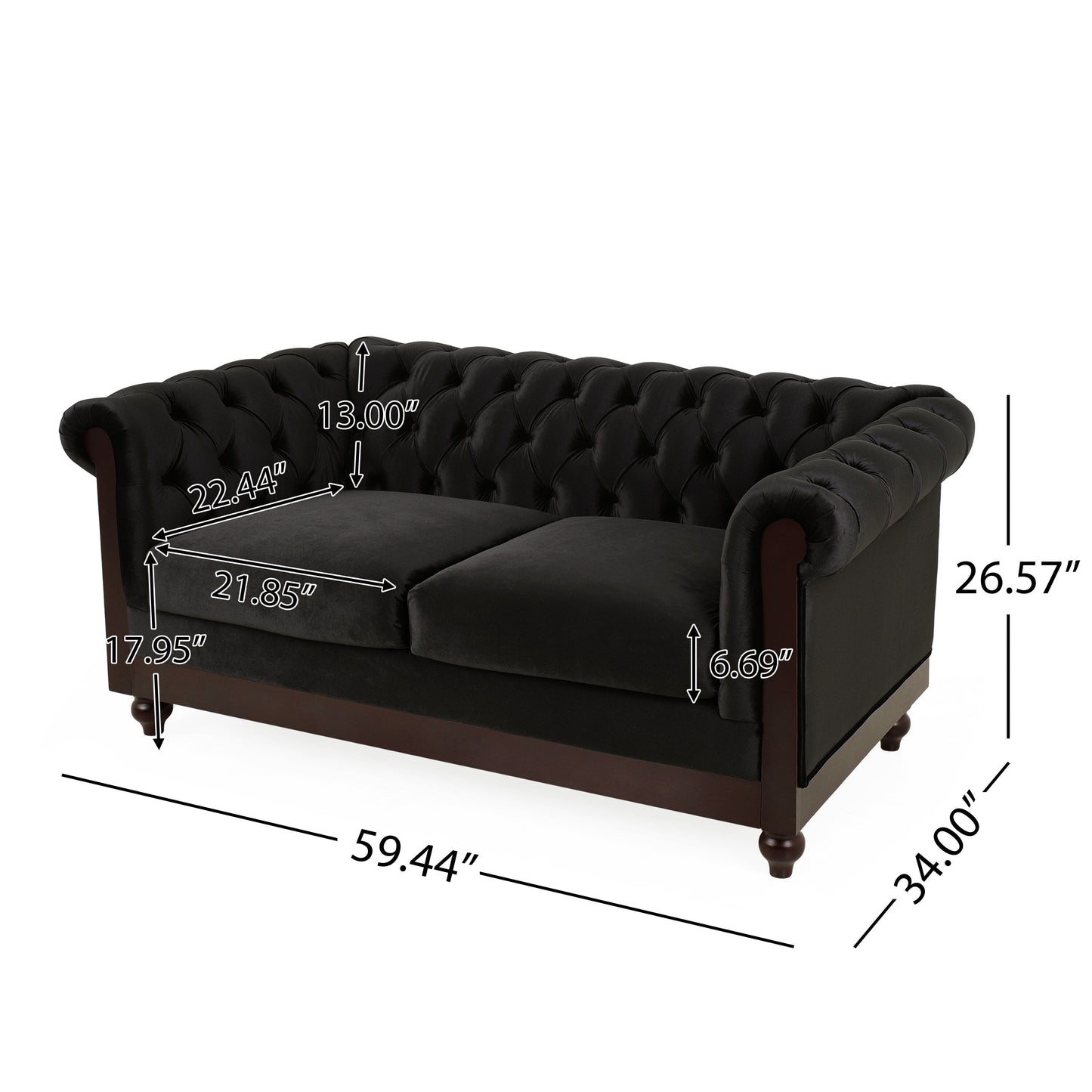 59.44 Velvet Chesterfield Loveseat Sofa with Rolled Arms, Tufted Backrest and 600LB Capacity