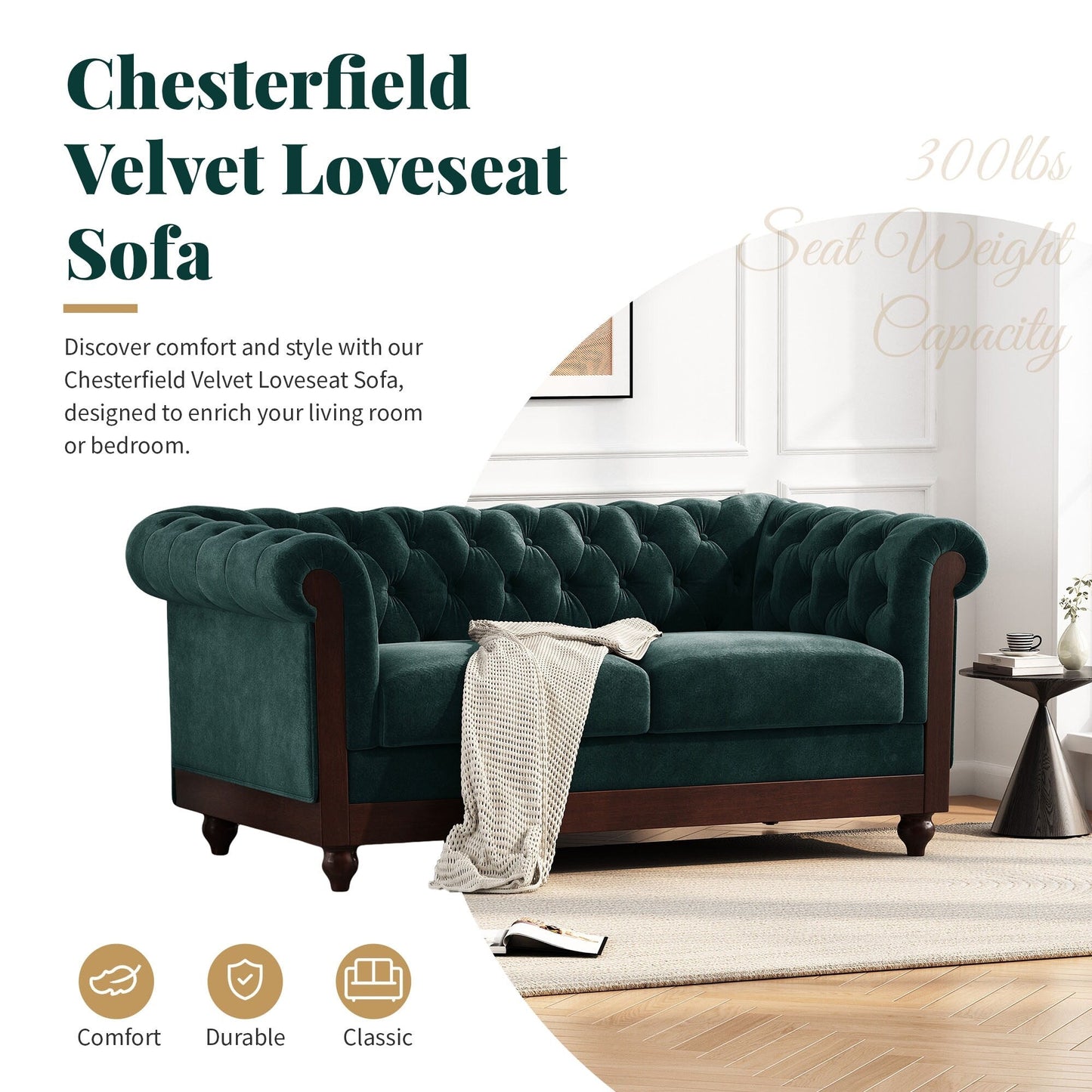 59.44 Velvet Chesterfield Loveseat Sofa with Rolled Arms, Tufted Backrest and 600LB Capacity