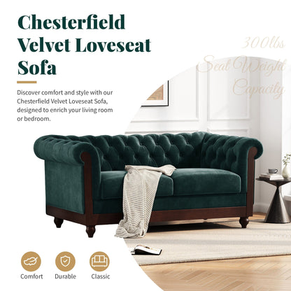 59.44 Velvet Chesterfield Loveseat Sofa with Rolled Arms, Tufted Backrest and 600LB Capacity