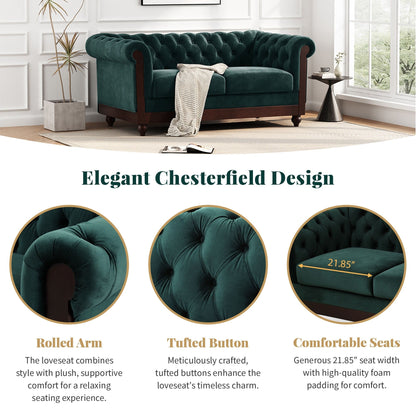 59.44 Velvet Chesterfield Loveseat Sofa with Rolled Arms, Tufted Backrest and 600LB Capacity