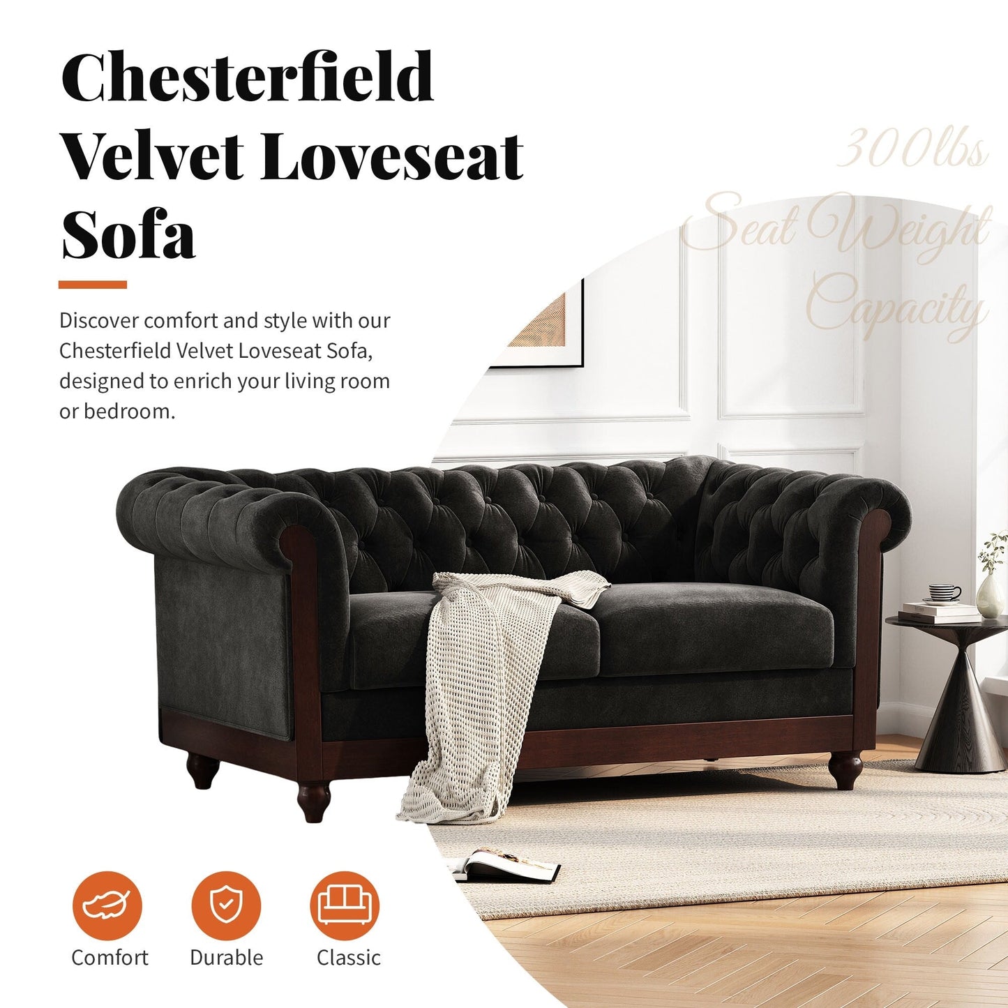 59.44 Velvet Chesterfield Loveseat Sofa with Rolled Arms, Tufted Backrest and 600LB Capacity
