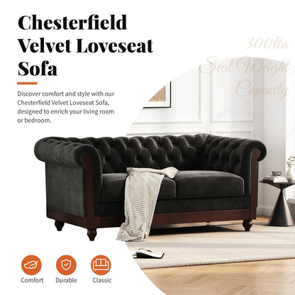59.44 Velvet Chesterfield Loveseat Sofa with Rolled Arms, Tufted Backrest and 600LB Capacity