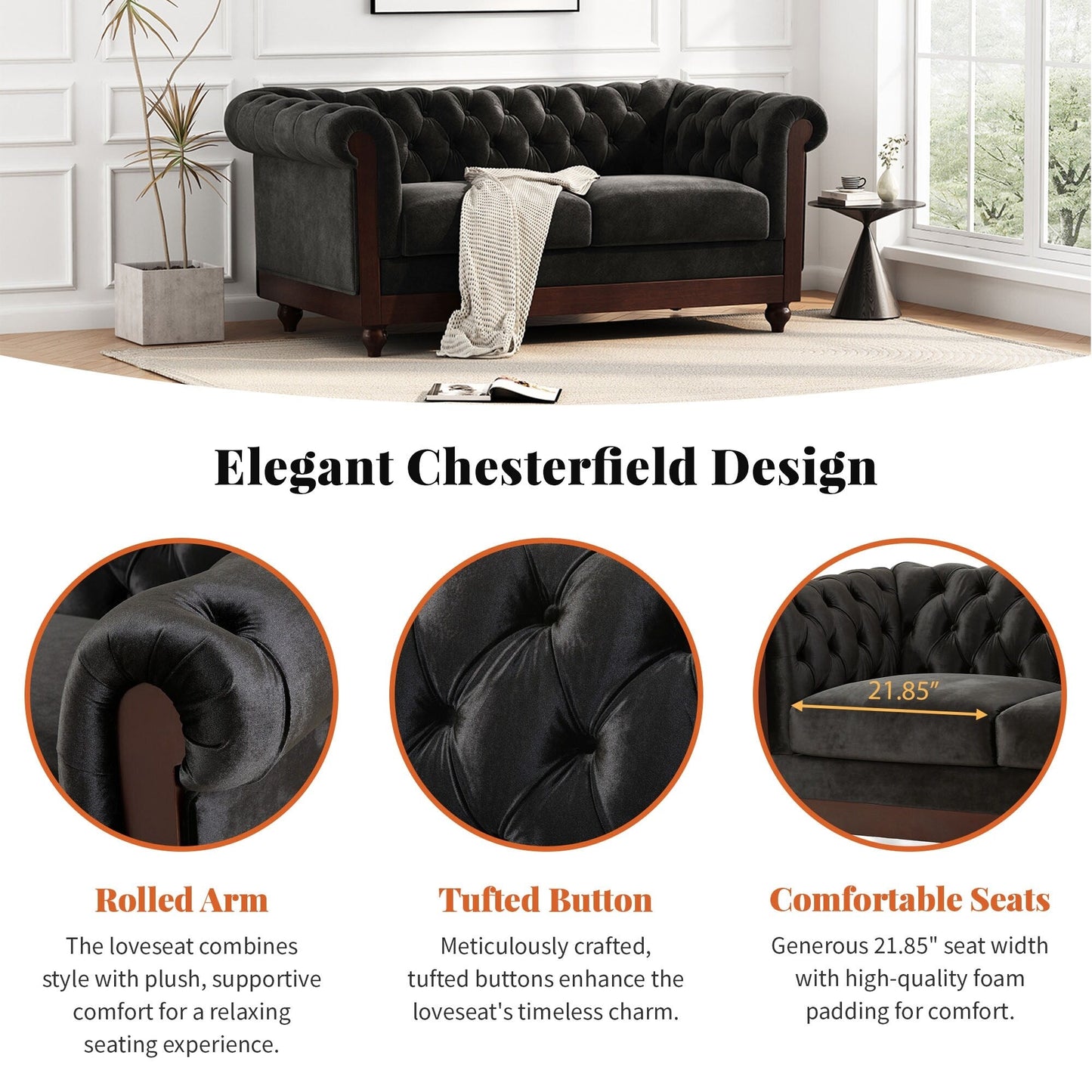 59.44 Velvet Chesterfield Loveseat Sofa with Rolled Arms, Tufted Backrest and 600LB Capacity