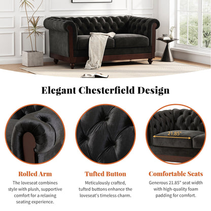 59.44 Velvet Chesterfield Loveseat Sofa with Rolled Arms, Tufted Backrest and 600LB Capacity