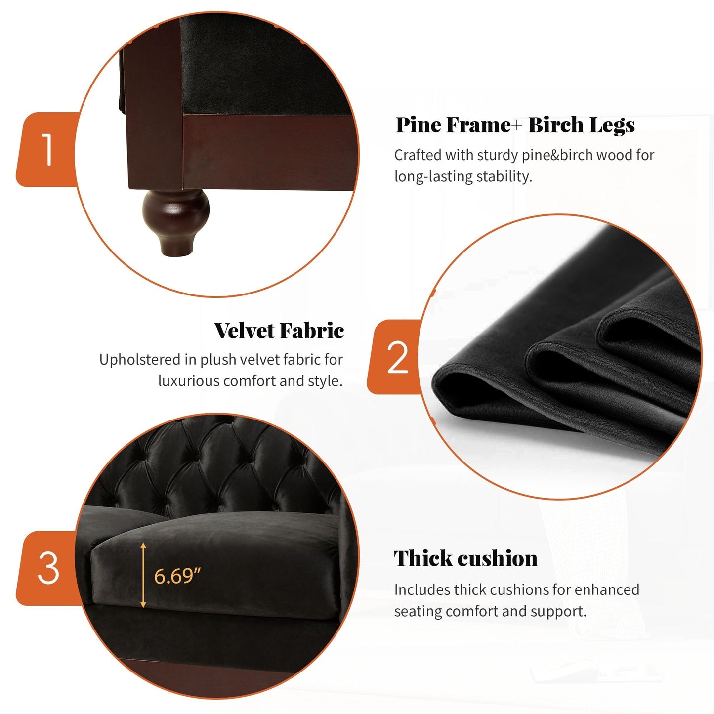 59.44 Velvet Chesterfield Loveseat Sofa with Rolled Arms, Tufted Backrest and 600LB Capacity