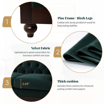 59.44 Velvet Chesterfield Loveseat Sofa with Rolled Arms, Tufted Backrest and 600LB Capacity