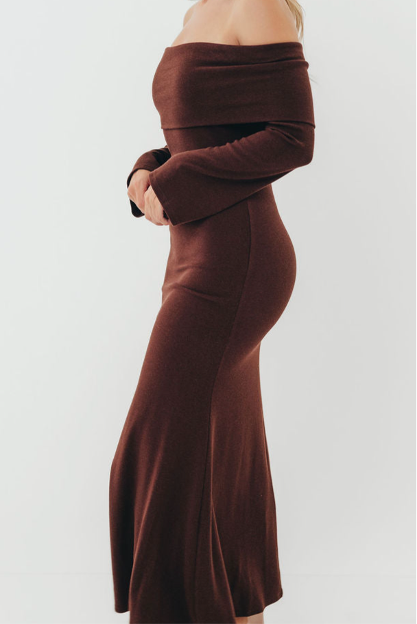 Monroe Maxi Dress with Long Sleeves in Chocolate Brown- Bump Friendly