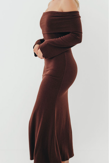 Monroe Maxi Dress with Long Sleeves in Chocolate Brown- Bump Friendly