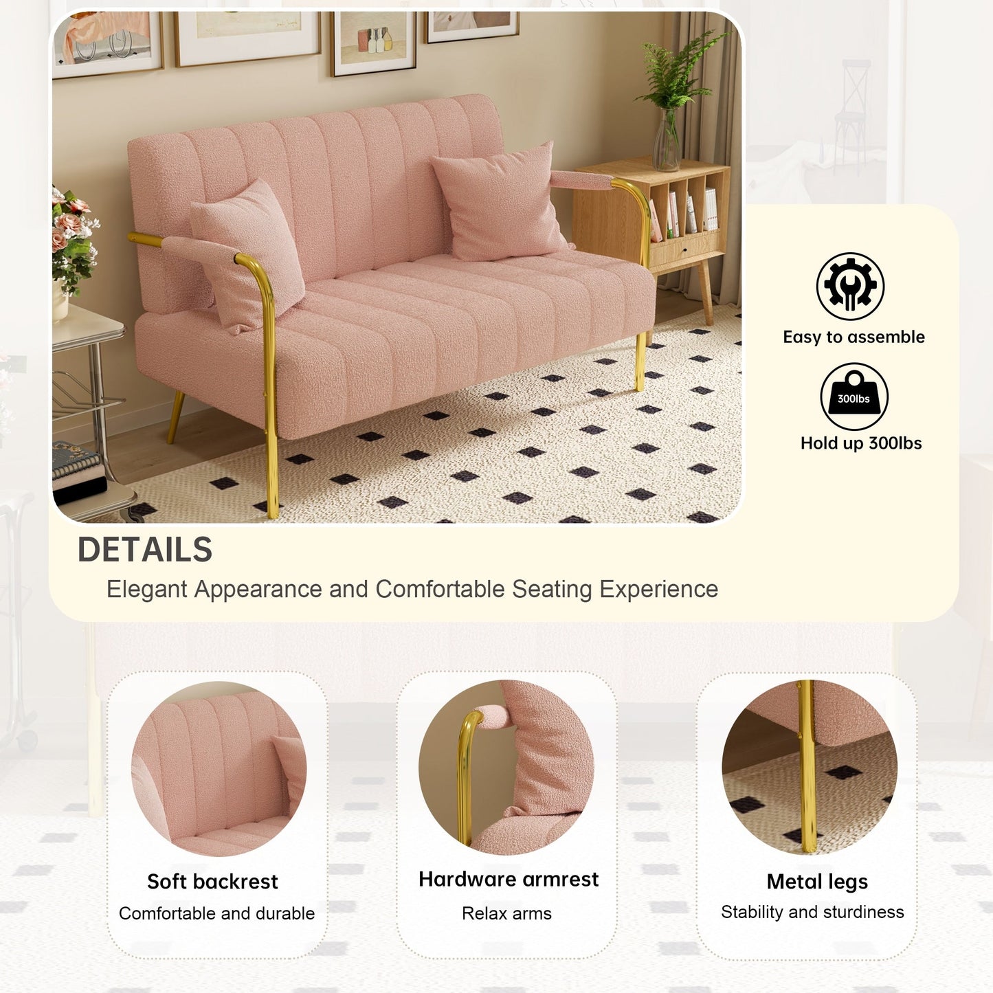 Soft Pink Teddy Fleece Sofa - 29.92 x 58.66 x 31.89