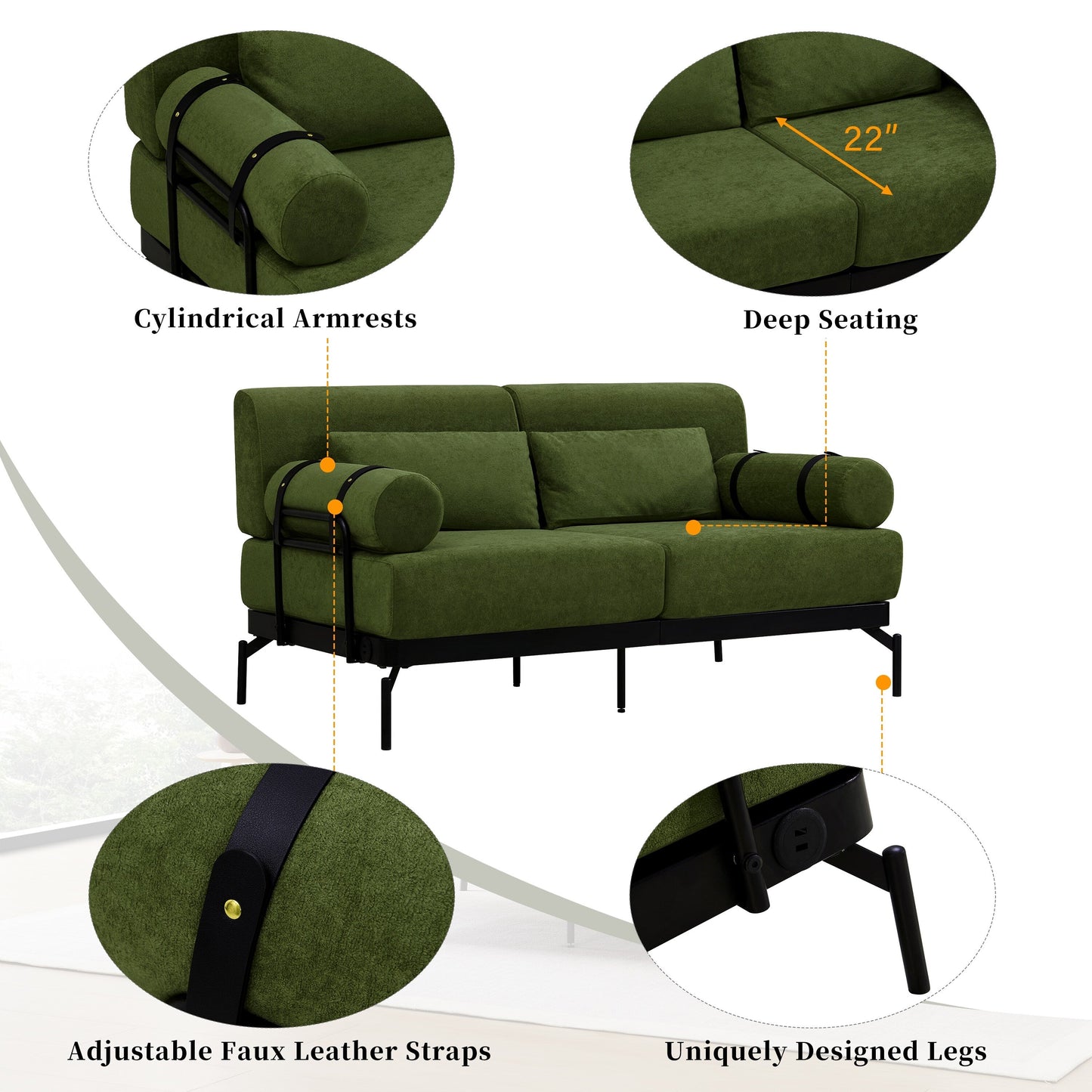 59 Chenille Modern Loveseat Sofa with USB Charging Ports, Cylindrical Armrests, and 440lb Capacity
