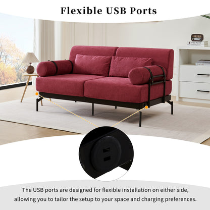 59 Chenille Modern Loveseat Sofa with USB Charging Ports, Cylindrical Armrests, and 440lb Capacity