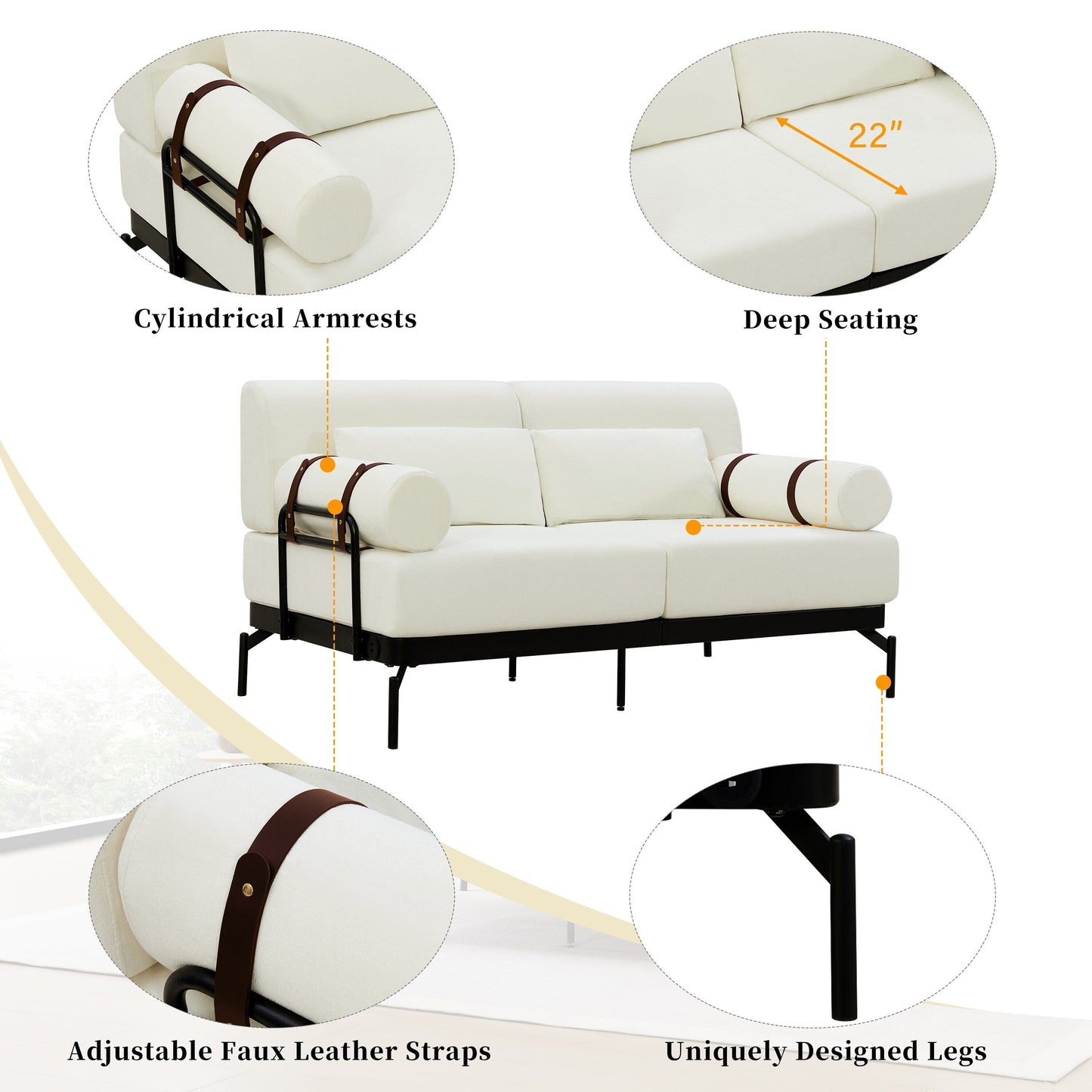 59 Chenille Modern Loveseat Sofa with USB Charging Ports, Cylindrical Armrests, and 440lb Capacity