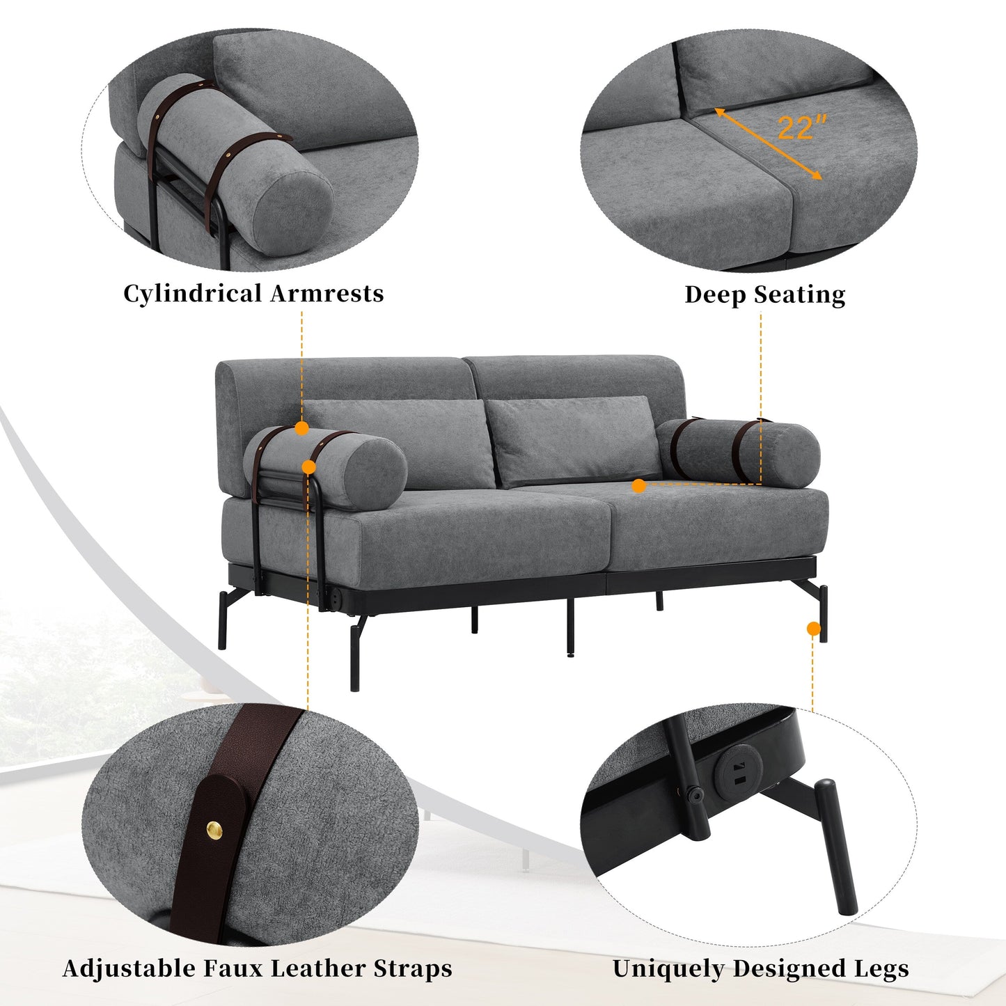 59 Chenille Modern Loveseat Sofa with USB Charging Ports, Cylindrical Armrests, and 440lb Capacity