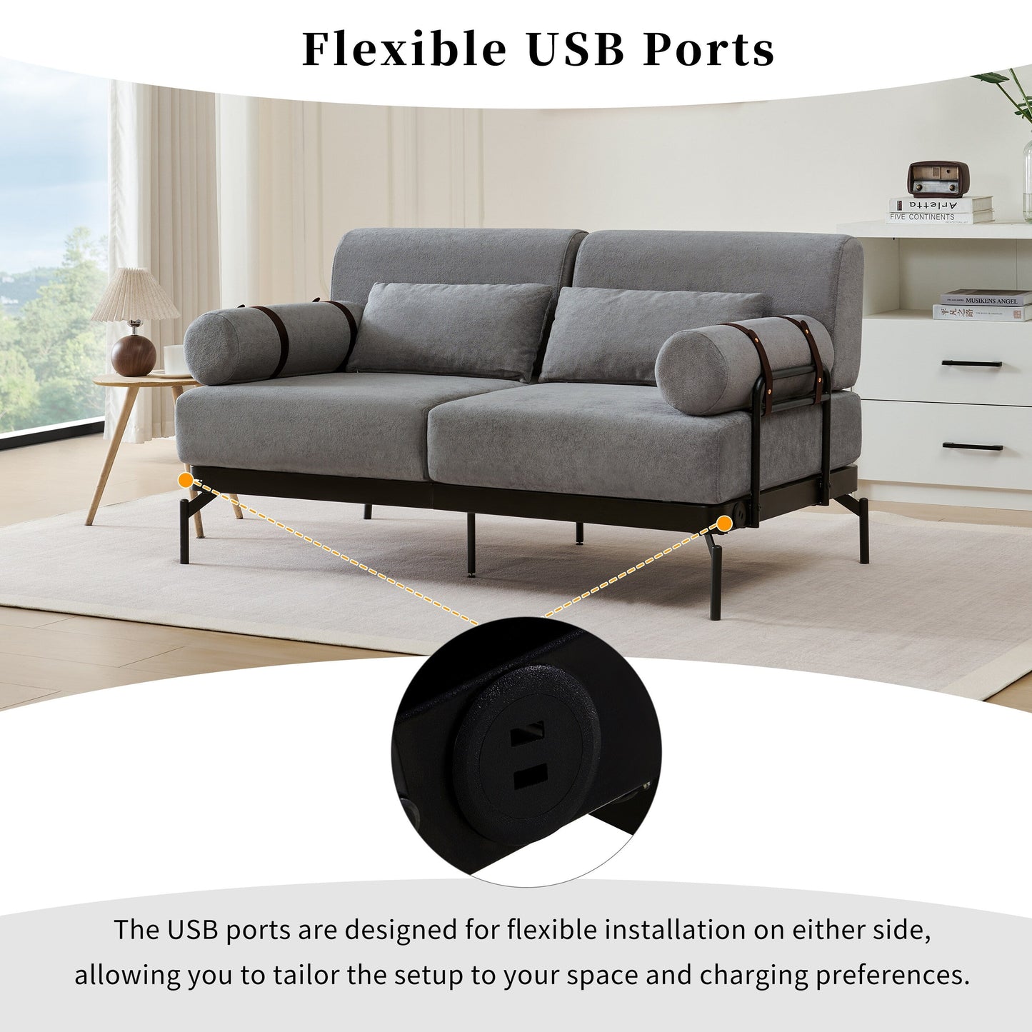 59 Chenille Modern Loveseat Sofa with USB Charging Ports, Cylindrical Armrests, and 440lb Capacity