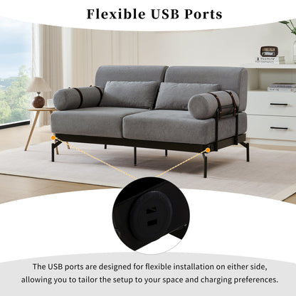 59 Chenille Modern Loveseat Sofa with USB Charging Ports, Cylindrical Armrests, and 440lb Capacity