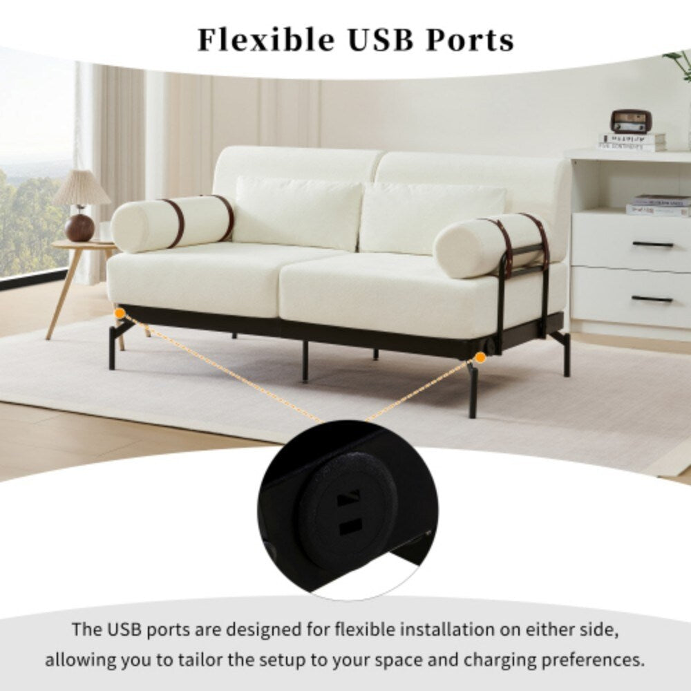 59 Modern 2-seater Sofa Couch with Flexible USB Ports and Cylindrical Armrests