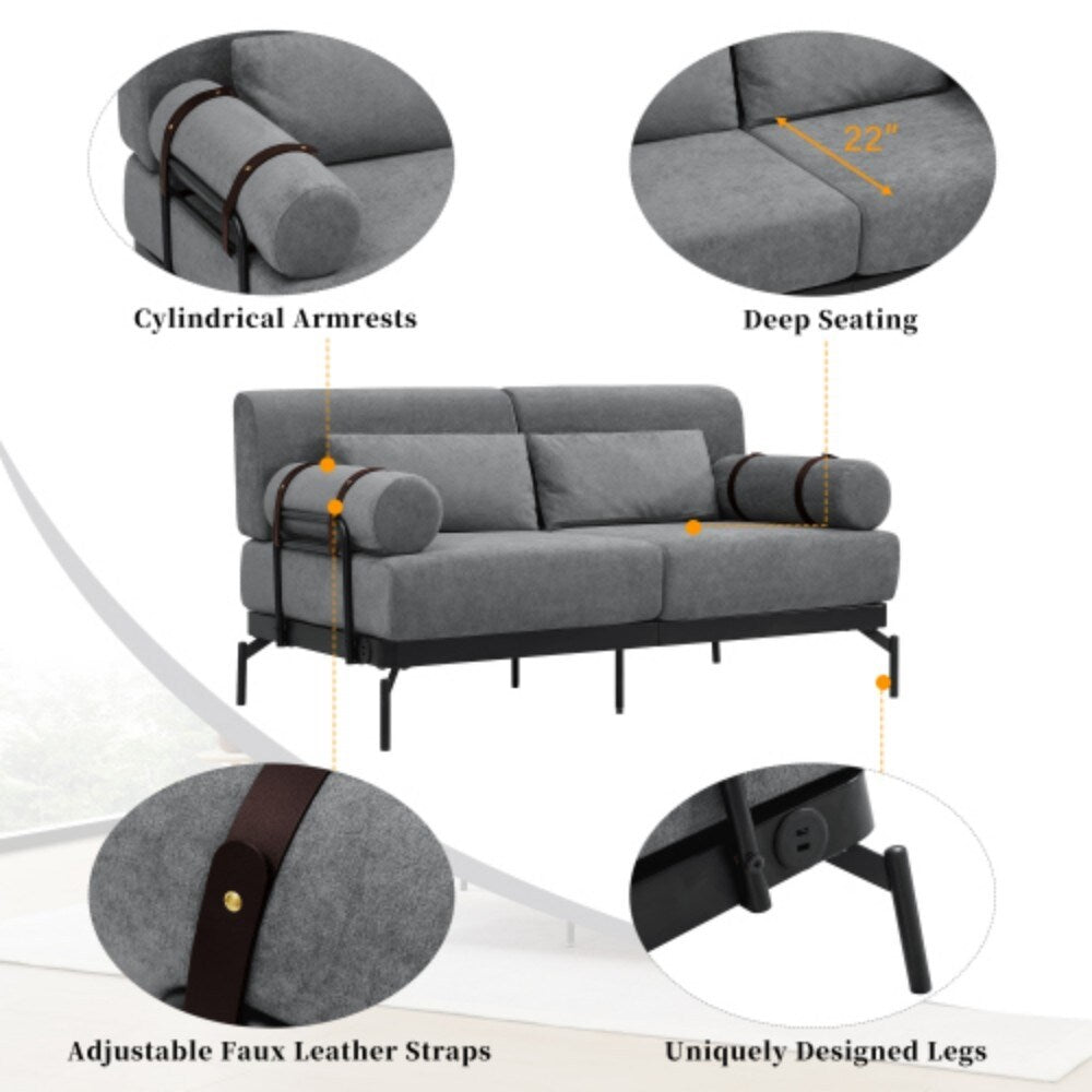 59 Modern 2-seater Sofa Couch with Flexible USB Ports and Cylindrical Armrests