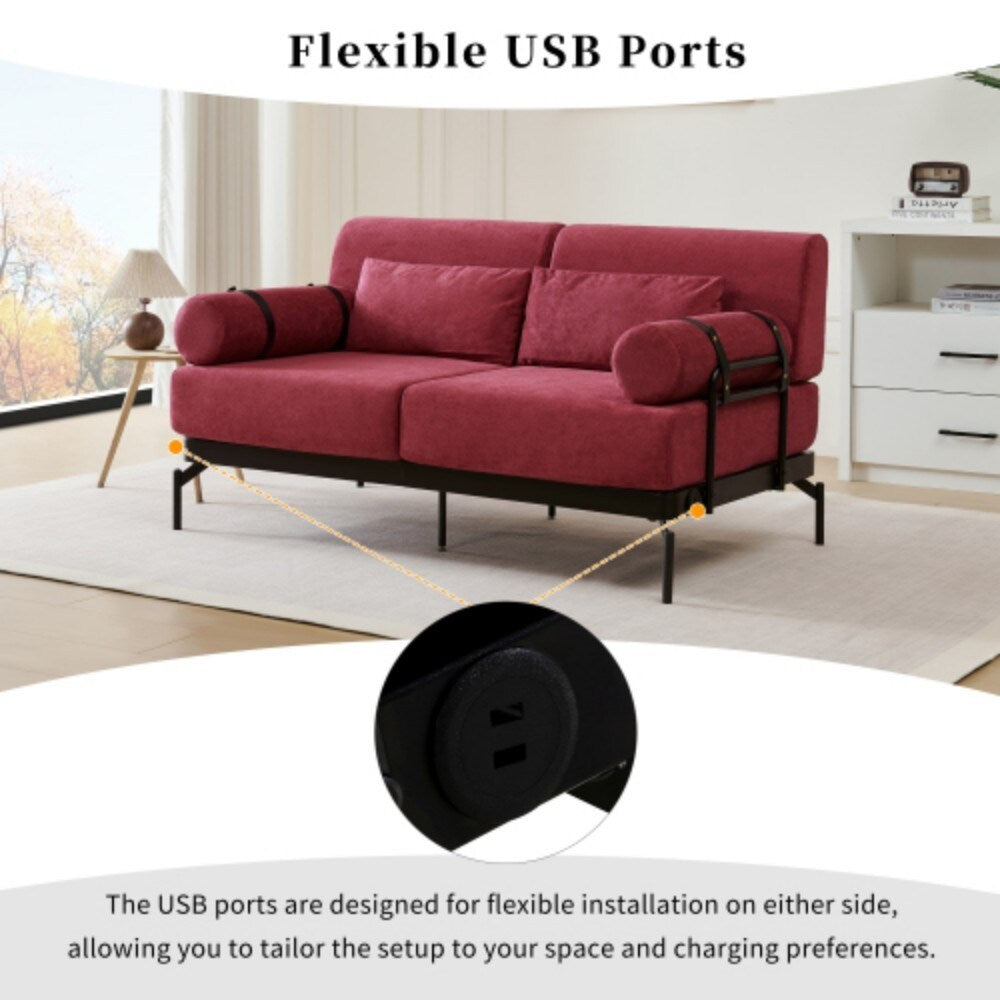 59 Modern 2-seater Sofa Couch with Flexible USB Ports and Cylindrical Armrests
