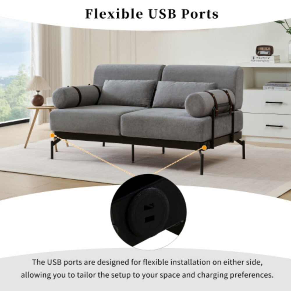 59 Modern 2-seater Sofa Couch with Flexible USB Ports and Cylindrical Armrests