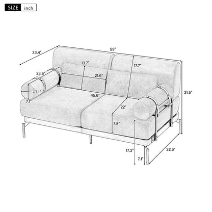 59 Modern 2-seater Sofa Couch with Flexible USB Ports and Cylindrical Armrests
