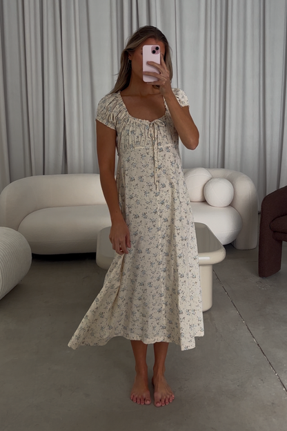 Marley 100% Cotton Midi Dress in Ivory/Blue Floral -Bump Friendly