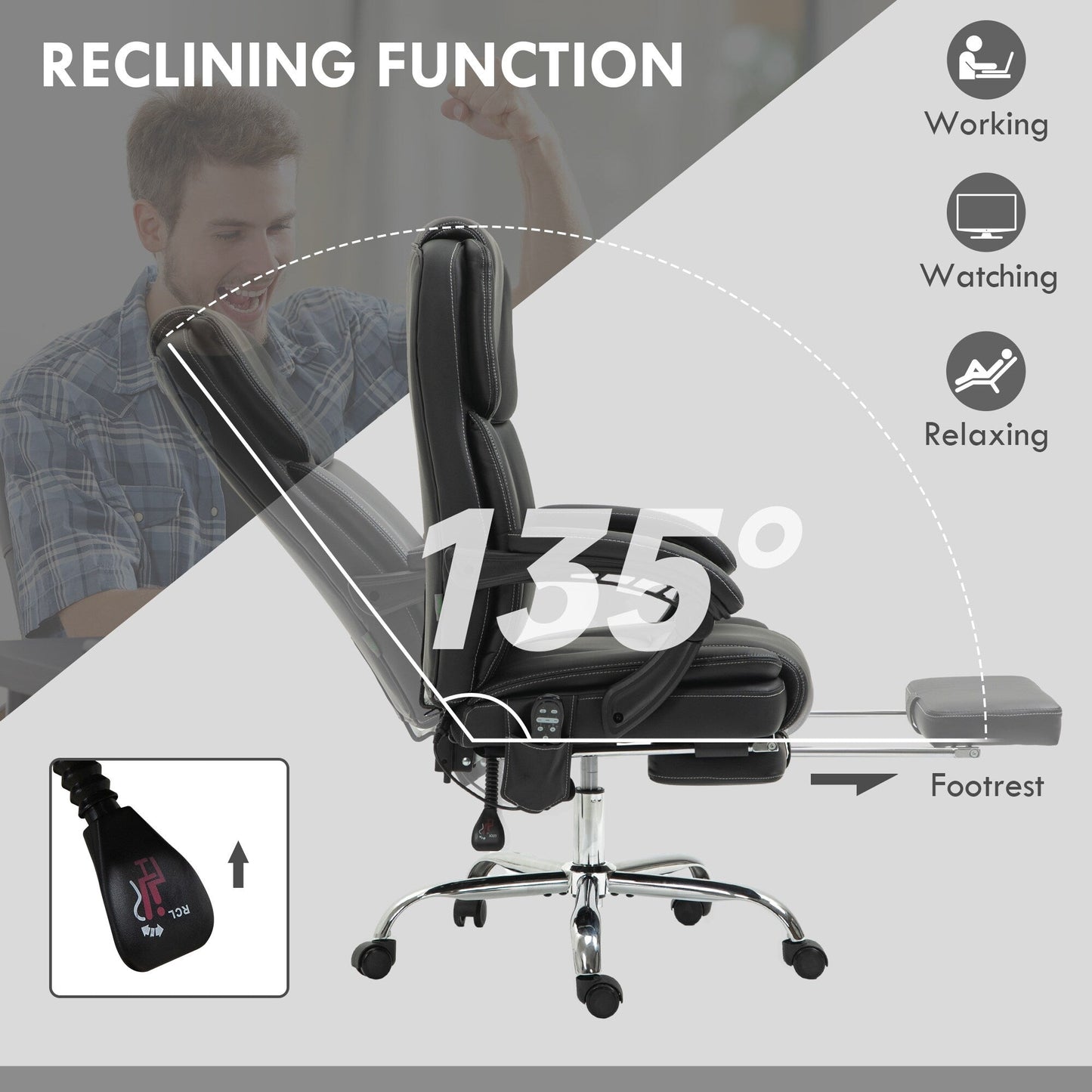 6 Point Vibration Massage Office Chair Reclining PU Leather Upholstery Computer Chair with Lumbar Heating and Footrest
