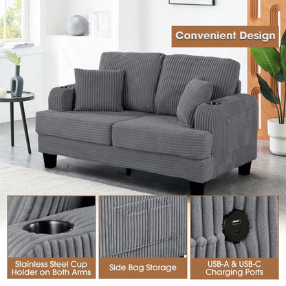 61 Contemporary Corduroy Loveseat Sofa with 2 Pillows and Cup Holder