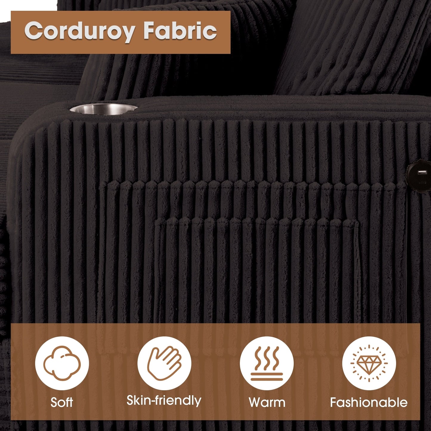 61 Contemporary Corduroy Loveseat Sofa with 2 Pillows and Cup Holder