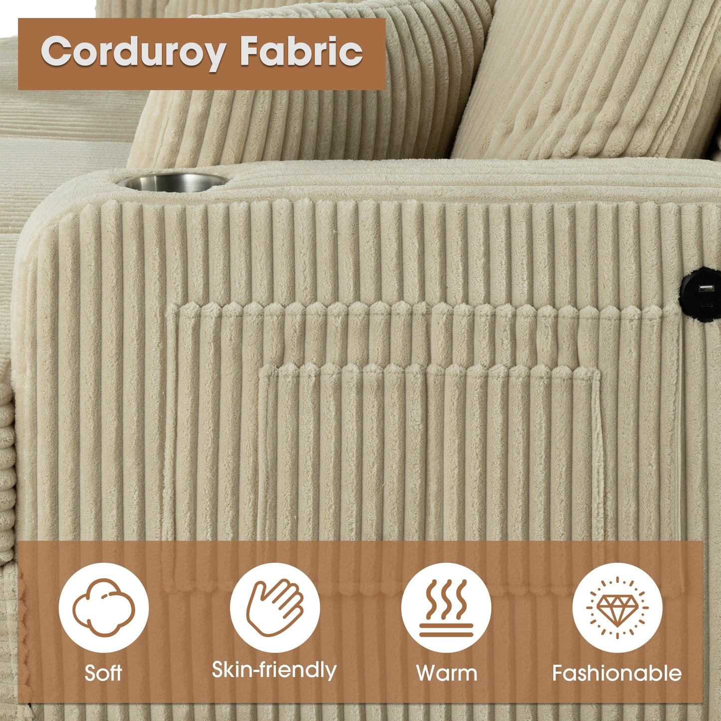 61 Contemporary Corduroy Loveseat Sofa with 2 Pillows and Cup Holder