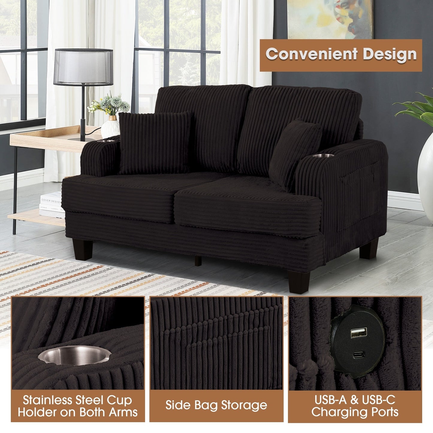 61 Contemporary Corduroy Loveseat Sofa with 2 Pillows and Cup Holder