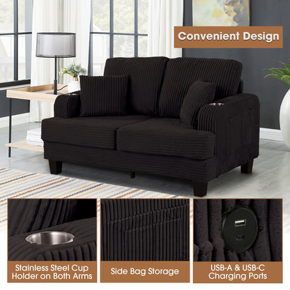 61 Contemporary Corduroy Loveseat Sofa with 2 Pillows and Cup Holder