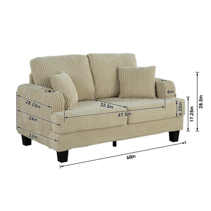 61 Contemporary Corduroy Loveseat Sofa with 2 Pillows and Cup Holder