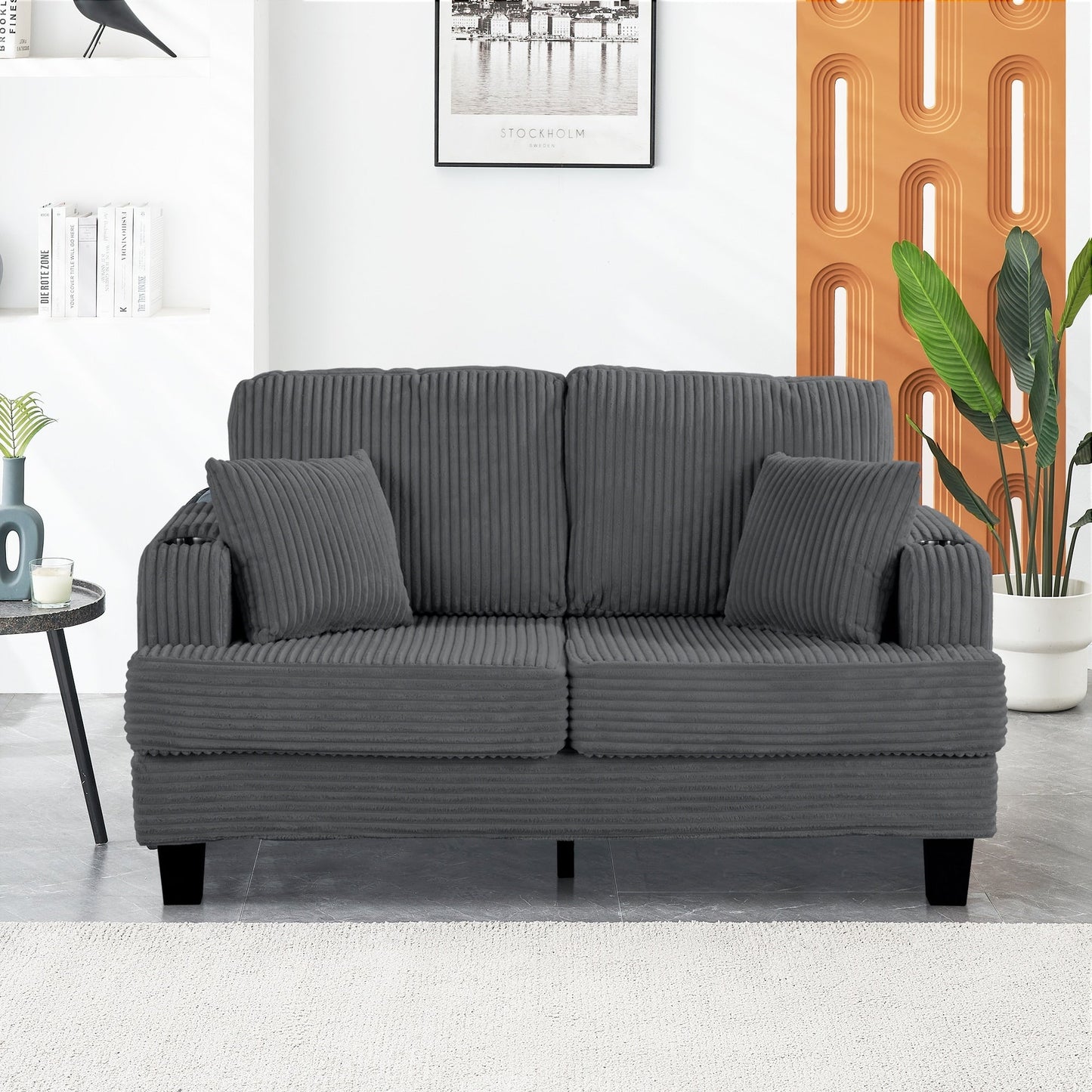61 Contemporary Corduroy Loveseat Sofa with 2 Pillows and Cup Holder