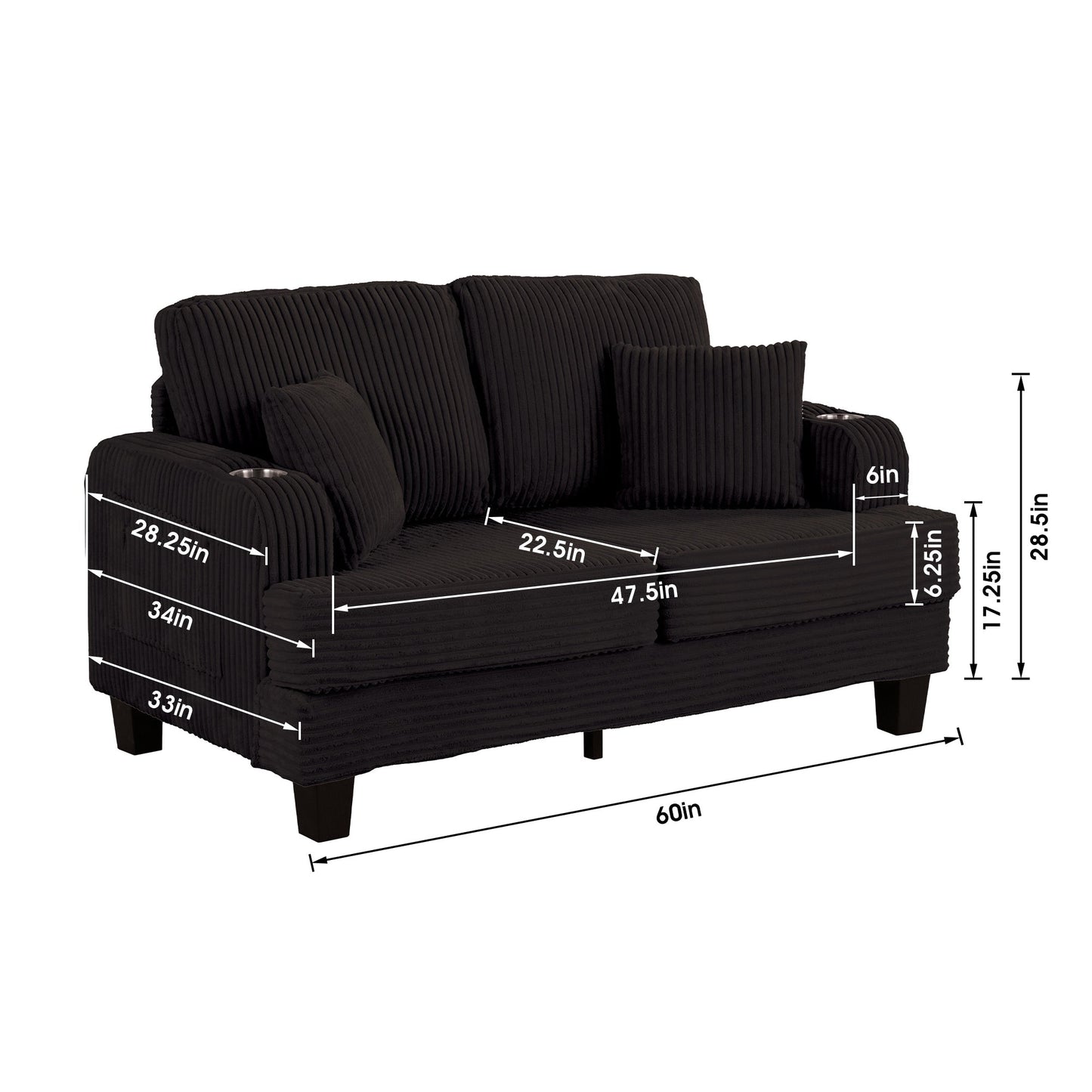 61 Contemporary Corduroy Loveseat Sofa with 2 Pillows and Cup Holder