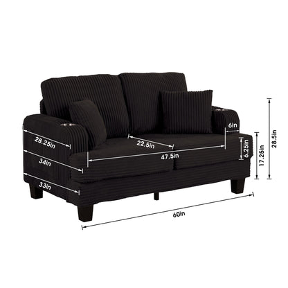 61 Contemporary Corduroy Loveseat Sofa with 2 Pillows and Cup Holder