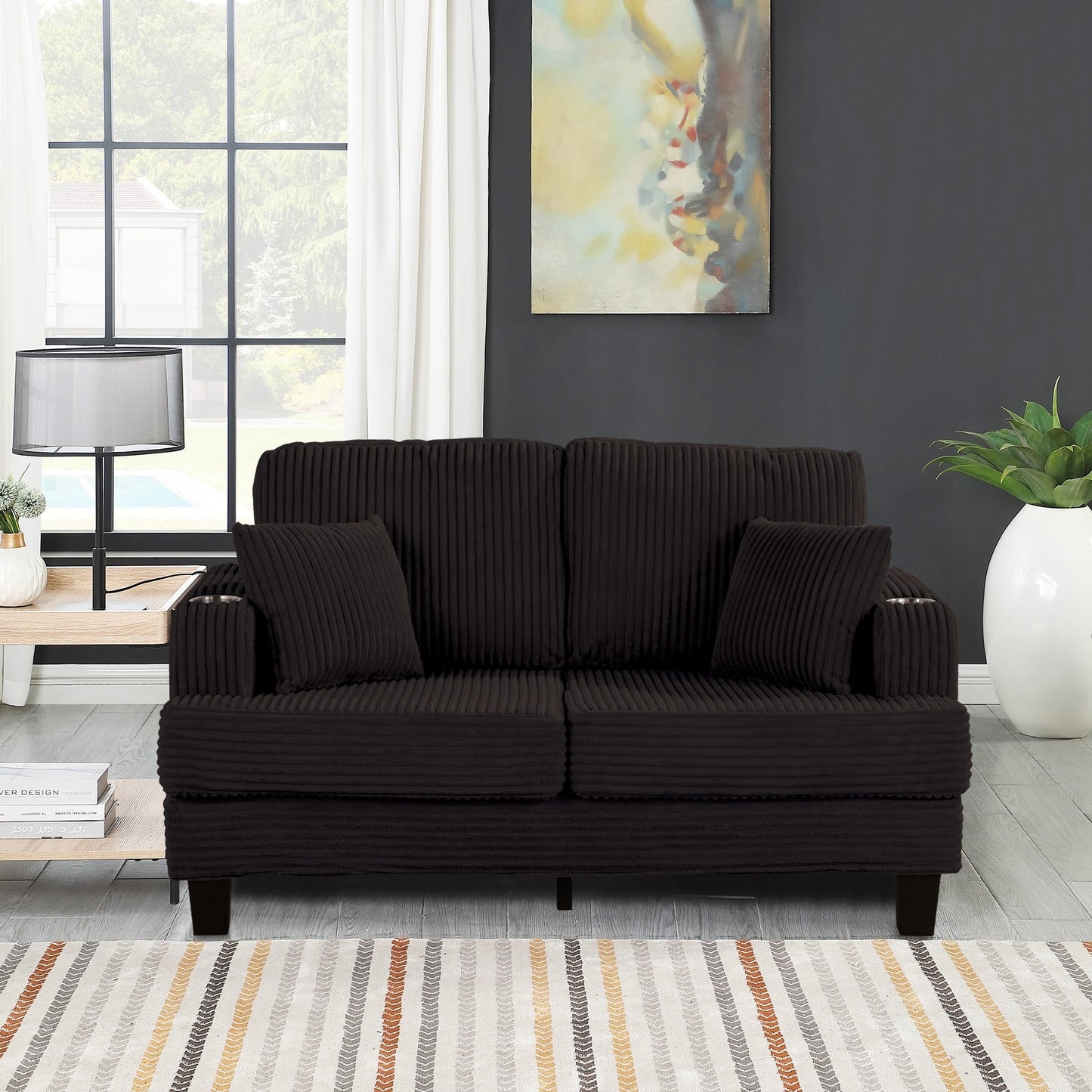 61 Contemporary Corduroy Loveseat Sofa with 2 Pillows and Cup Holder