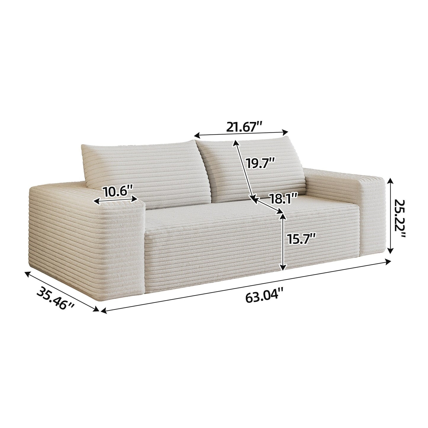 63 2Setaser Sofa, Corduroy Fabric, Deep Seat Couches, No Assembly, 1pcs for Living room, Bedroom,Conference room