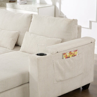 63 Corduroy Convertible Loveseat Sofa Bed with USB Ports, Two Cup Holders, A Phone Holder for Living Room