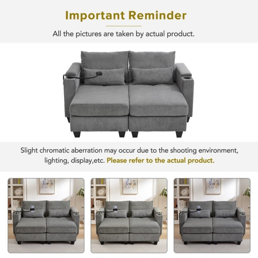 63 Corduroy Convertible Loveseat Sofa Bed with USB Ports, Two Cup Holders, A Phone Holder for Living Room