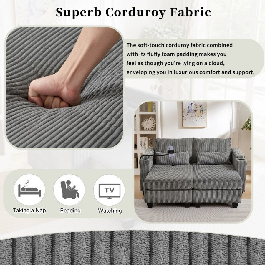 63 Corduroy Convertible Loveseat Sofa Bed with USB Ports, Two Cup Holders, A Phone Holder for Living Room