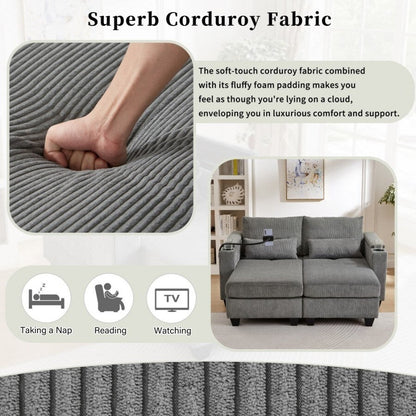 63 Corduroy Convertible Loveseat Sofa Bed with USB Ports, Two Cup Holders, A Phone Holder for Living Room