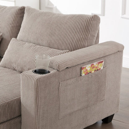 63 Corduroy Convertible Loveseat Sofa Bed with USB Ports, Two Cup Holders, A Phone Holder for Living Room
