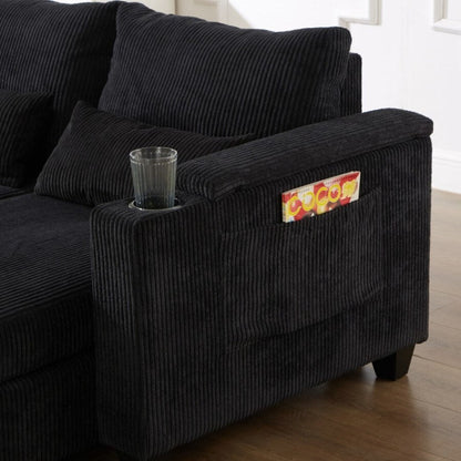 63 Corduroy Convertible Loveseat Sofa Bed with USB Ports, Two Cup Holders, A Phone Holder for Living Room
