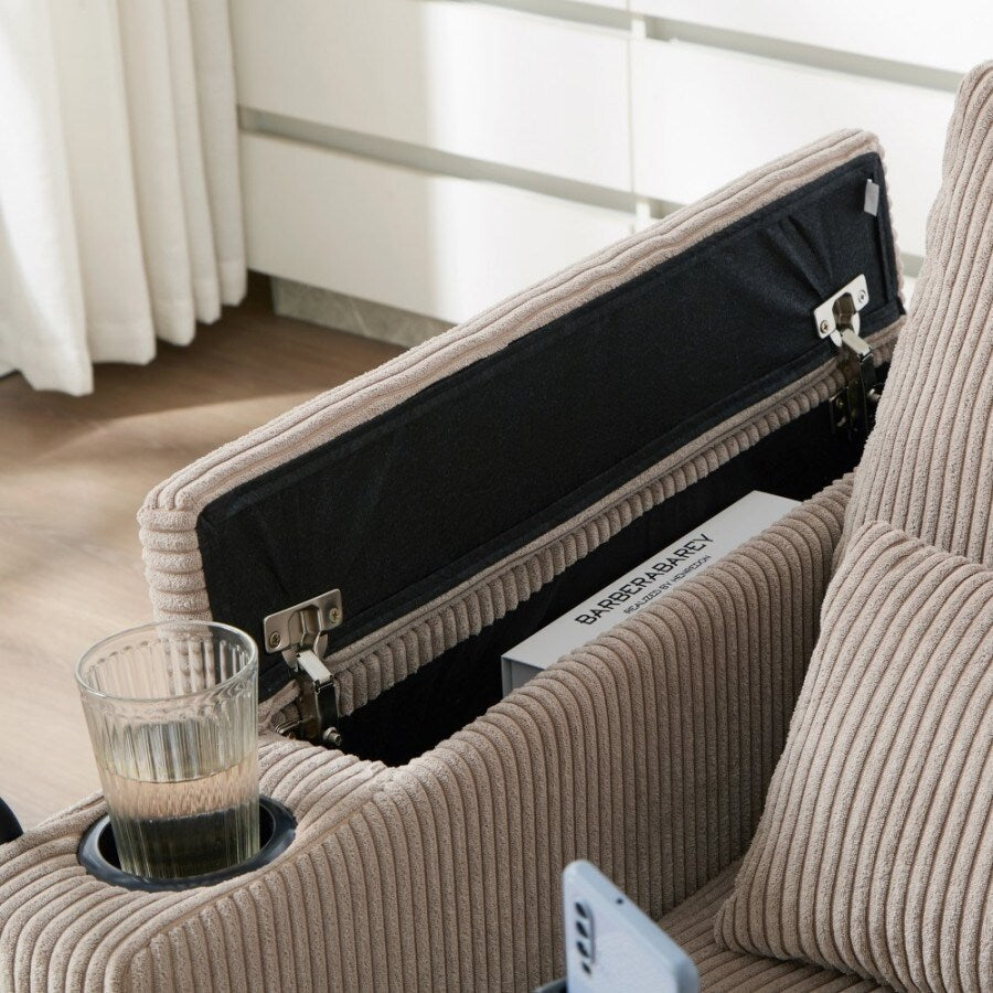 63 Corduroy Convertible Loveseat Sofa Bed with USB Ports, Two Cup Holders, A Phone Holder for Living Room