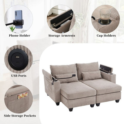 63 Corduroy Convertible Loveseat Sofa Bed with USB Ports, Two Cup Holders, A Phone Holder for Living Room